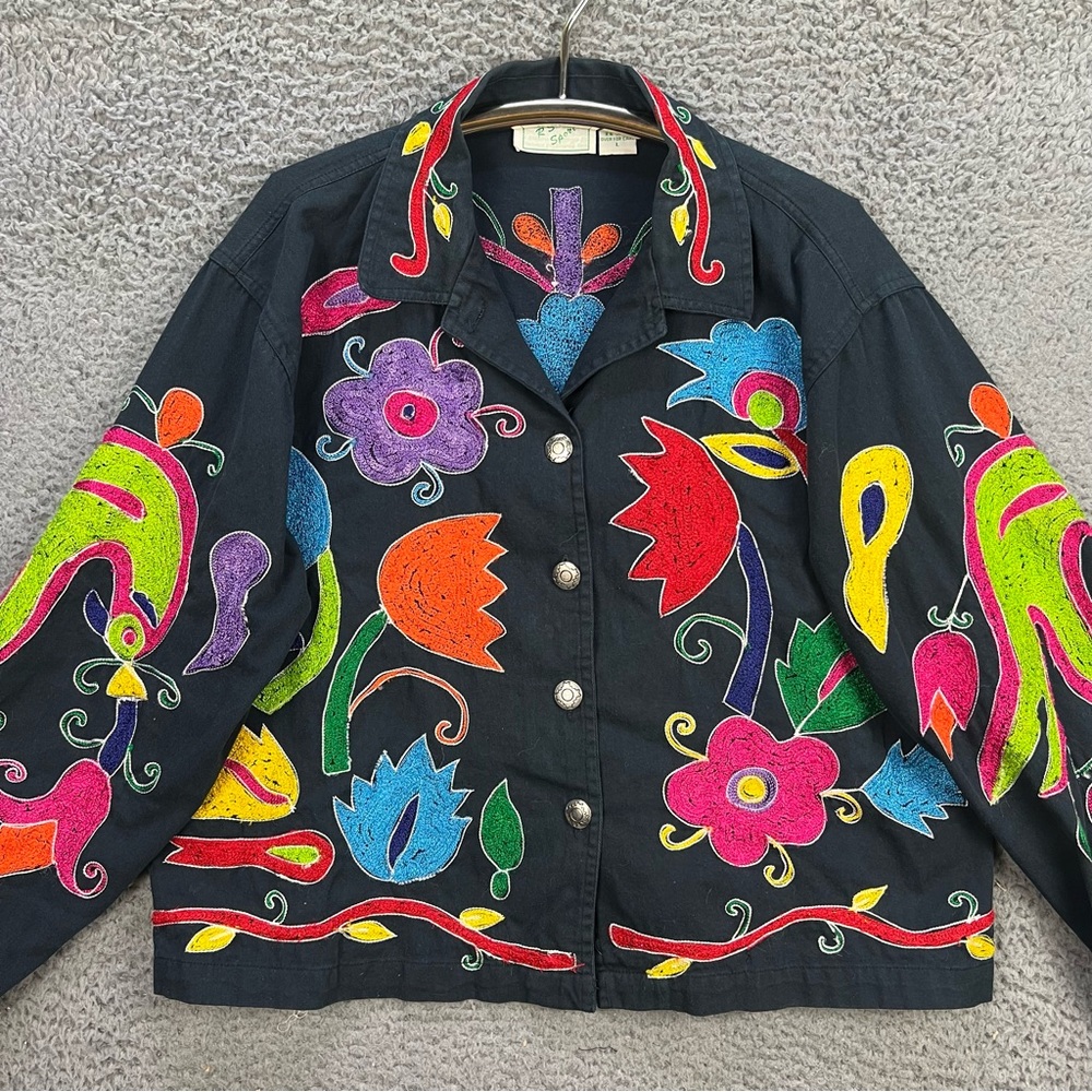 VTG Floral Embroidered Jacket Womens Large Full Button Vibrant Artsy Colorful